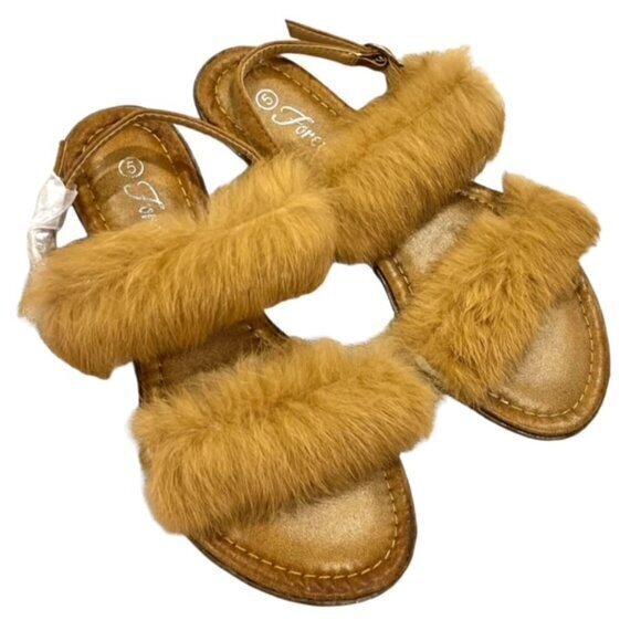 🛍️2 for $25 Sale🛍️ Forever Women's Furry Straps Adj Buckle Sandals Tan 5 - Picture 5 of 9